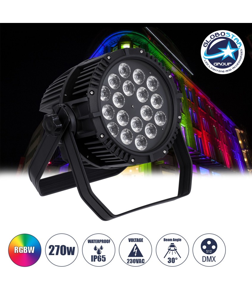GloboStar® 51130 CENTAUR Επαγγελματική Κεφαλή PAR DMX512 270W AC 220V-240V 4in1 - SPOT 30° OSRAM LED Αδιάβροχη IP65 RGBW - Μαύρο - L22.6 x W22 x H32cm